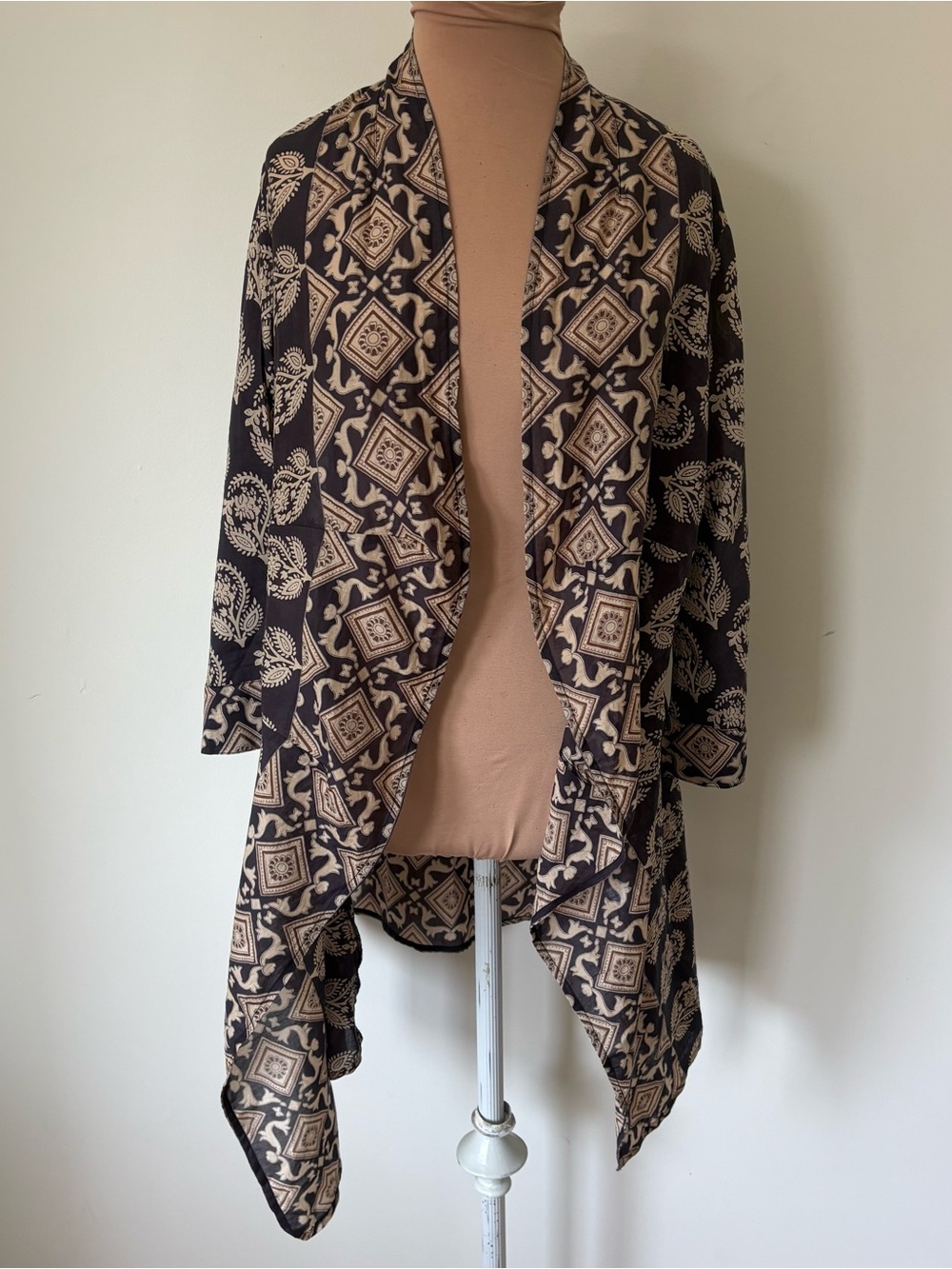Bell Alicia Bell Block Printed Floral Cotton Silk Viole Gray Open Kimono EUC S